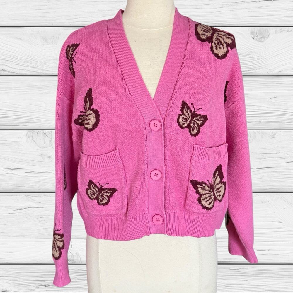 Forever 21 Sweater Cardigan Sz L Cropped Boxy Azalea Pink Butterfly Knit Pockets